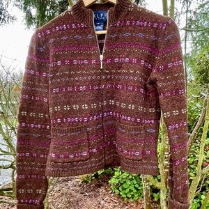 Ralph Lauren Brown Patterned Wool Cardigan Sweater